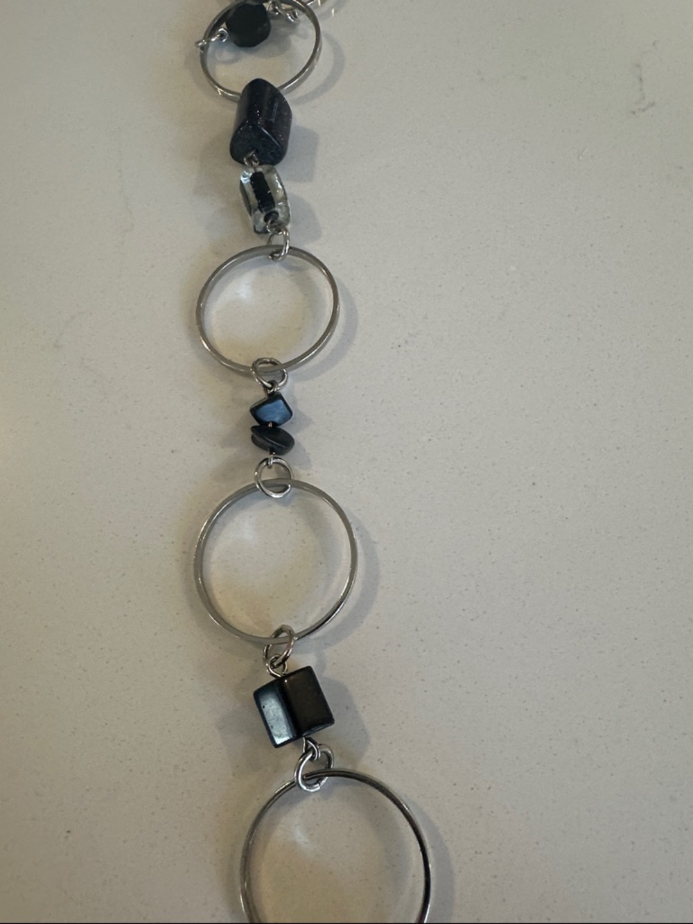 Silver Hoop & Blue Bead Long Necklace - Elegant Women's Jewelry - Picture 2 of 2